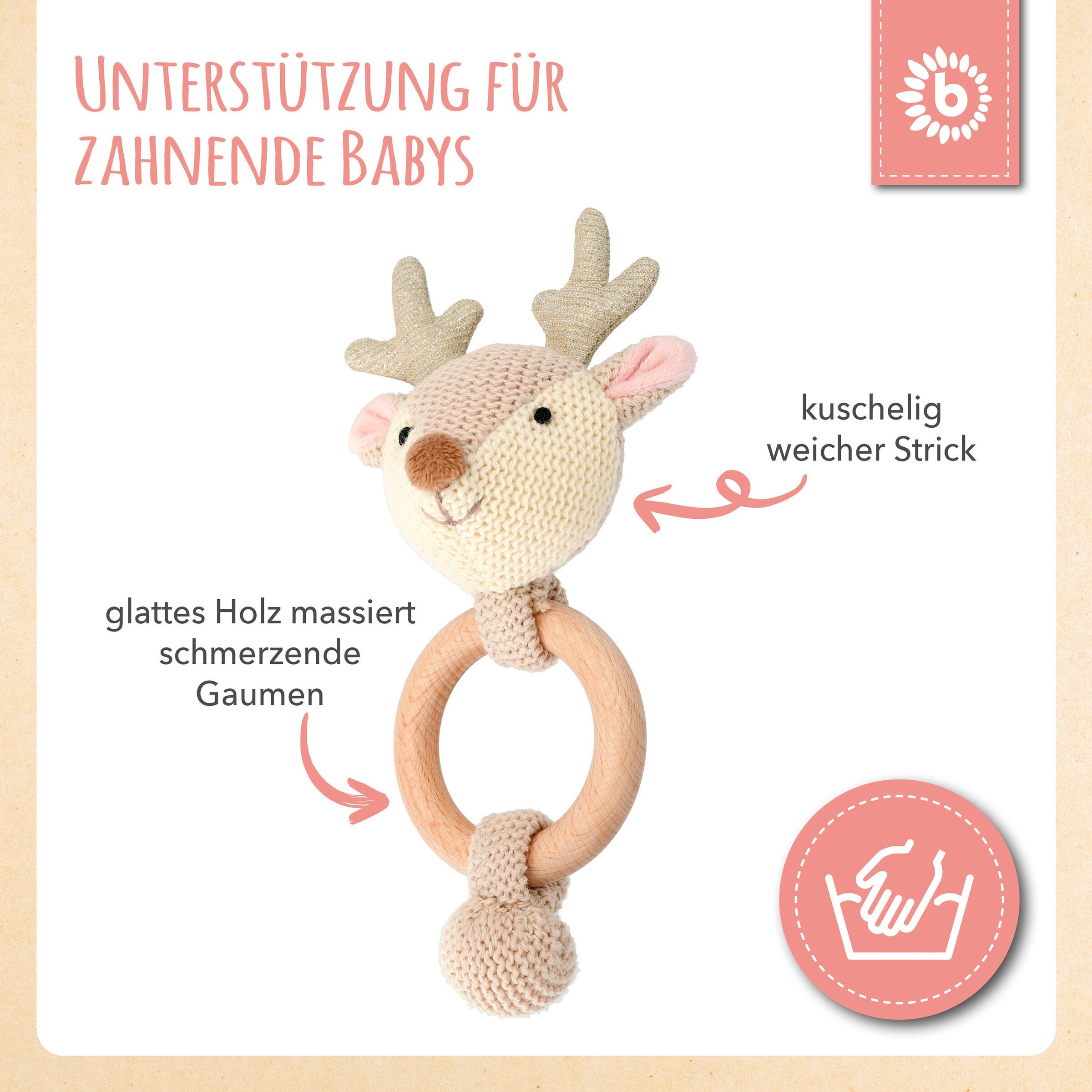 Bieco Greifling Rassel Holz Natur und Baumwolle Reh - ab Geburt Beige