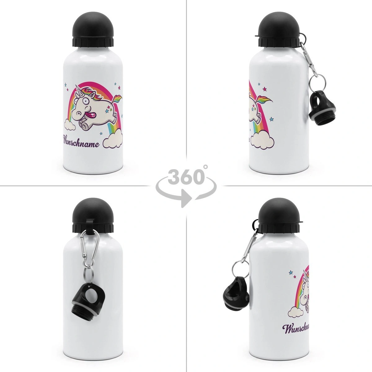 Alu-Trinkflasche mit Namen, 500 ml, weiß (Motiv: Einhorn)