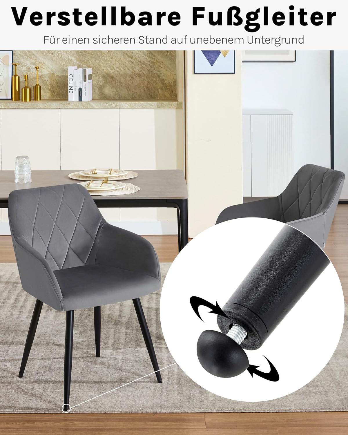 WOLTU 6er Set Esszimmerstühle mit Armlehne Rückenlehne, für Esszimmer Wohnzimmer Küche, Bequeme Küchenstühle gepolstert mit Samtbezug, Metallbeinen, Dunkelgrau