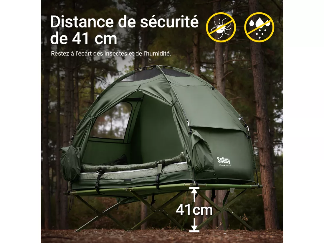SoBuy Tente de Camping 4 en 1 Pliable Lit Surélevé, Toit, Sac de Couchage, Matelas Gonflable -1 Personne - Idéal pour Randonnée, Festival et Plein Air, OGS32-GR