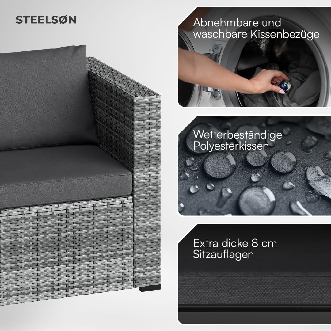 STEELSØN Veloria Rattan Gartenmöbel Set 4-TLG. – Gartenlounge mit Sofas, Tisch & Box – Outdoor Sitzgruppe bis 4 Personen – Sitzgarnitur Garten/Balkon/Terasse grau/anthrazit mit Stauraum