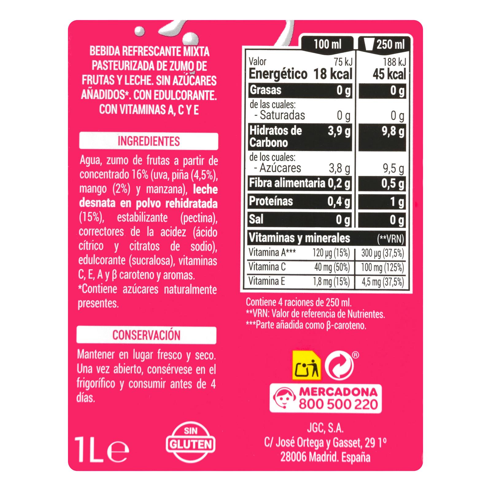 Hacendado Fruits tropicaux + Lait sans sucre ajouté