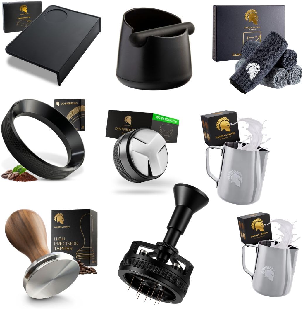 Barista Legends XXL Barista Set – Komplettset für Siebträgermaschinen – Tamper, Tampermatte, WDT Tool, Distribution Tool, Milchkännchen, Reinigungsbürste, Abschlagbehälter & Zubehör Latte Art