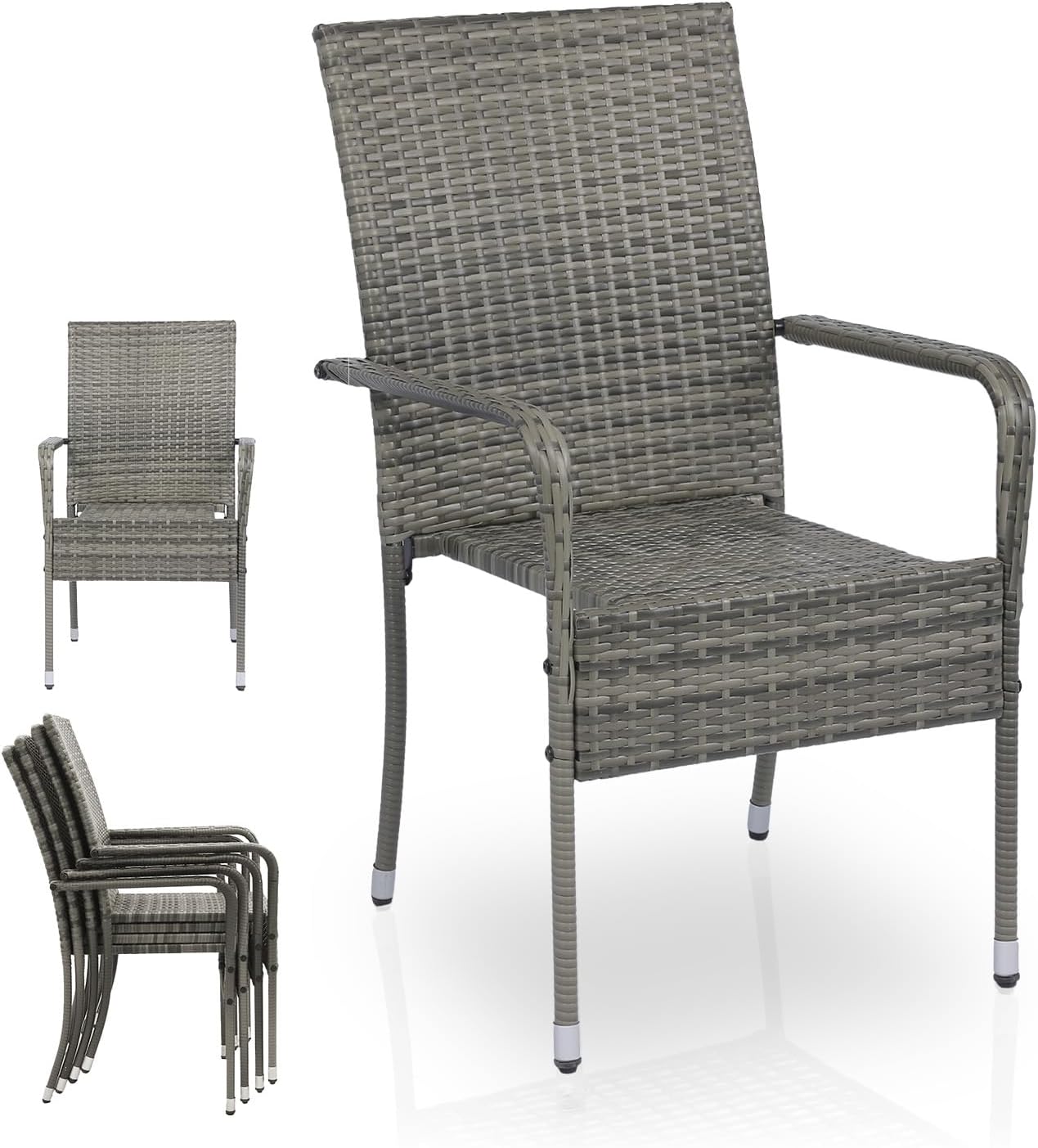 Juskys Polyrattan Gartenstühle Yoro 4er Set mit Armlehnen & Rückenlehne - 4 Stühle stapelbar - Rattan Stuhl Garten - Stapelstuhl Grau-meliert