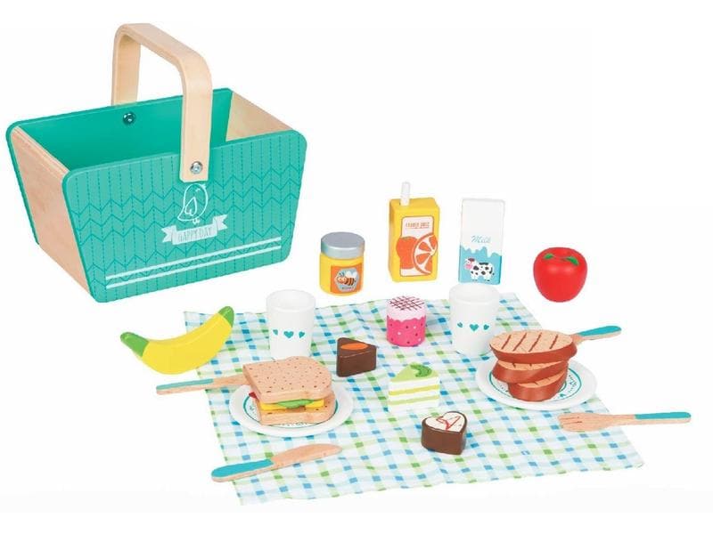 Spielba Holzspielwaren Spiel-Lebensmittel Picknick-Korb aus Hölzernes Picknickkorb-Set mit 25 Zubehörteilen