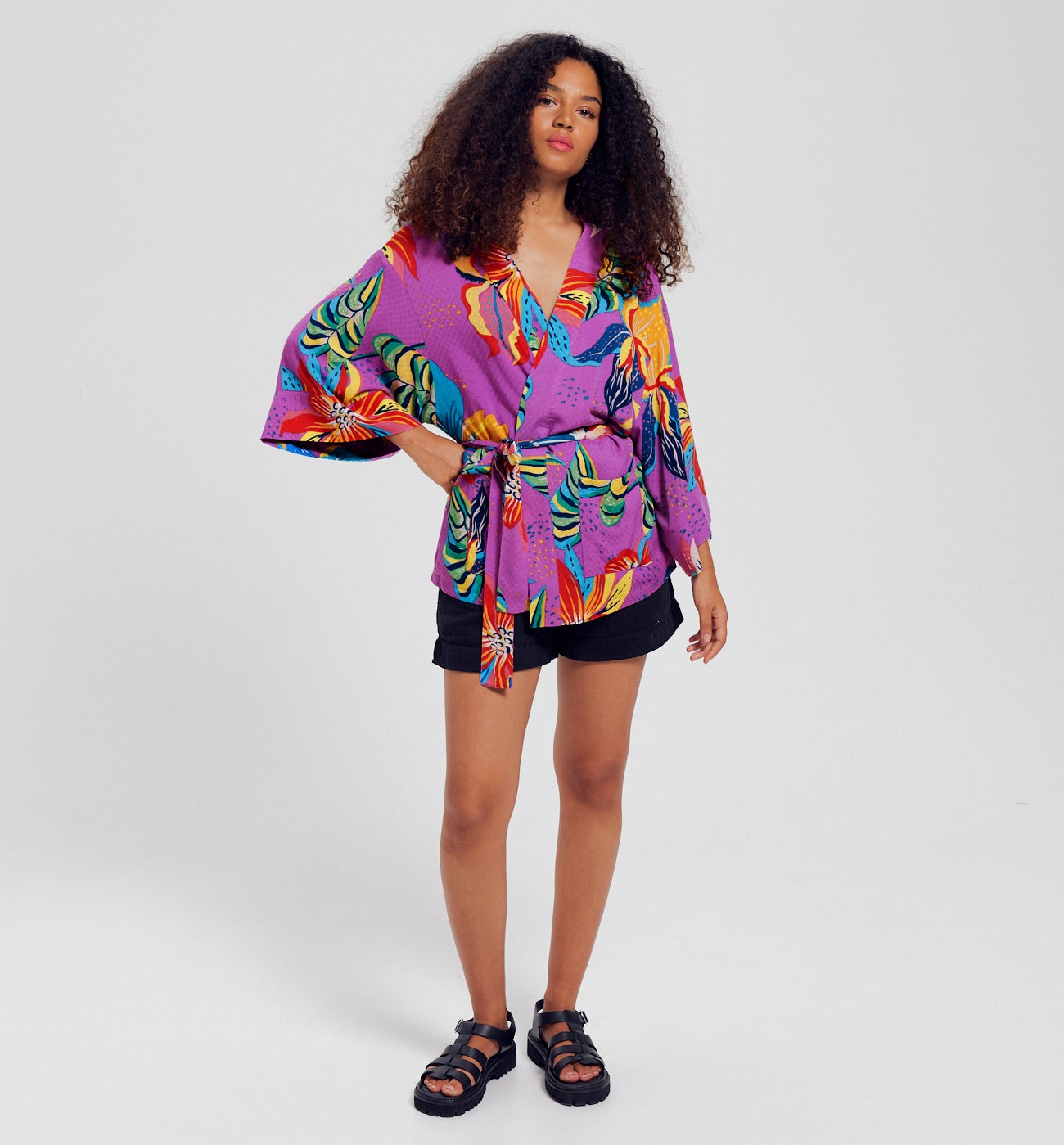 Veste kimono en satin Femme - Imprimé violet