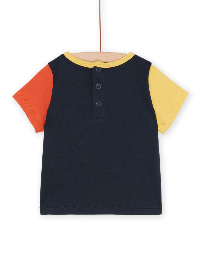 T-shirt bleu nuit à manches jaune et orange