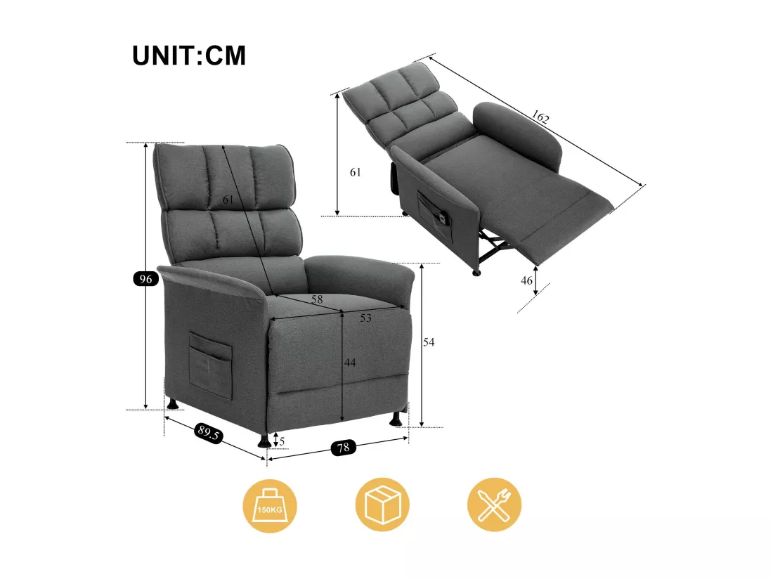 Fauteuil electrique avec télécommande - avec sac de rangement - Gris