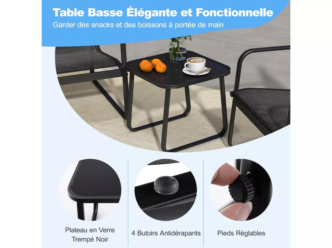 Salon de Jardin 3 Pcs Tissu et velours Respirant et Cadre Métallique Charge 150KG, Ensemble de Meubles de Patio avec Table en Verre Trempé, pour Cour Arrière Bord de Piscine (Noir)