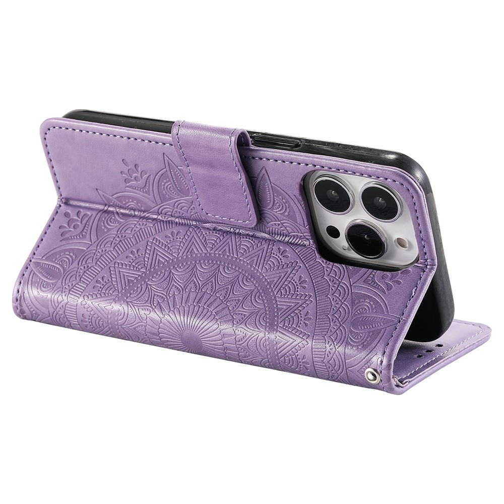 iPhone 14 Pro Max Leder Tasche Wallet - Mandala Flowers Imprint - Lila
