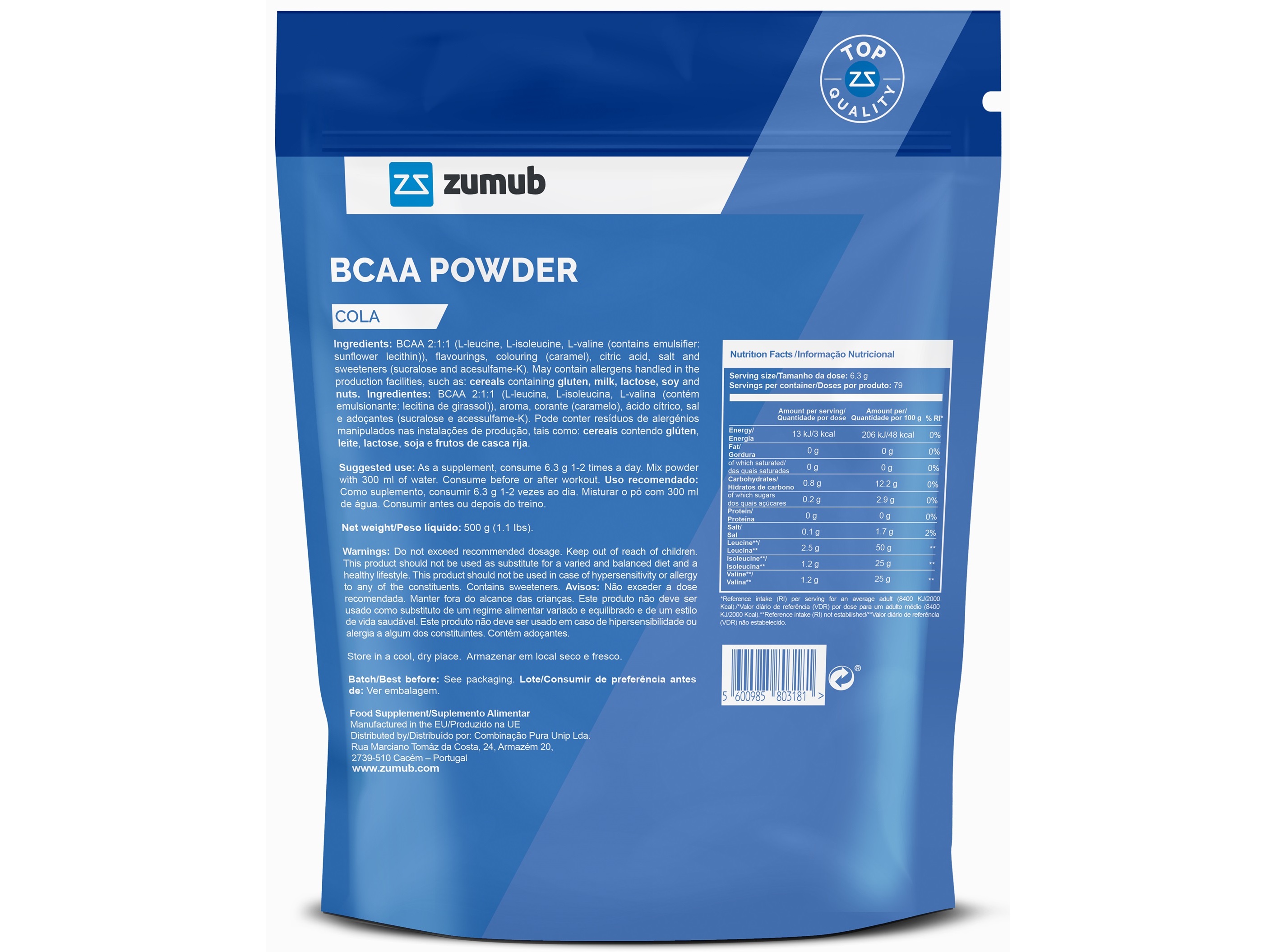 SUPLEMENTO BCAAS ZUMUB PÓ COLA 500G