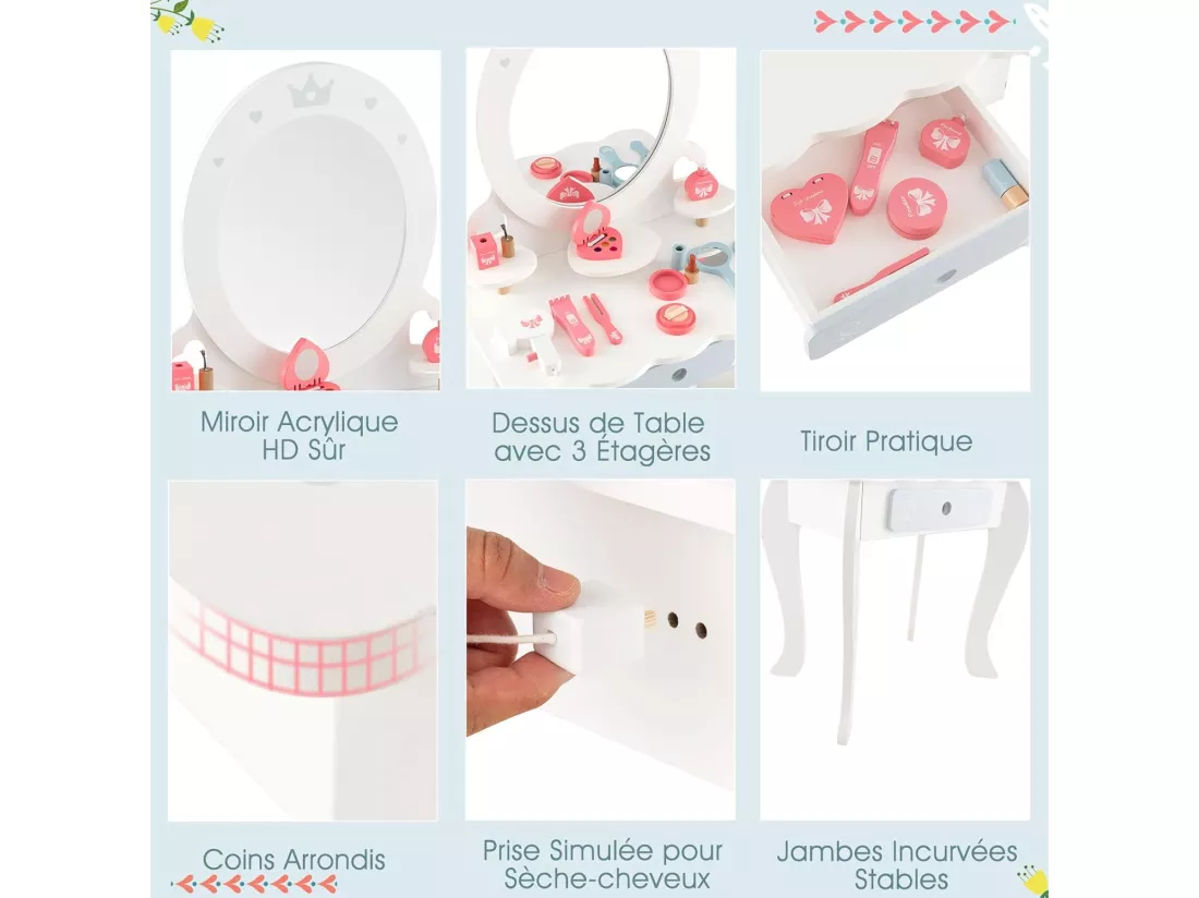 2 en 1 Coiffeuse Enfants avec Tabouret & Miroir Ovale Amovible, Table de Maquillage en Motif Couronne avec 10 Jouets d'Habillage, Tiroir Pratique, Charge 50kg pour Enfants de 3 Ans+ (Ovale)