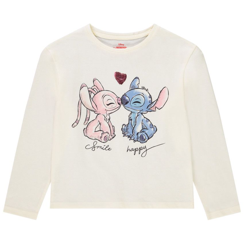 T-shirt manches longues à sequins magiques Stitch & Angel Disney pour fille - Ecru