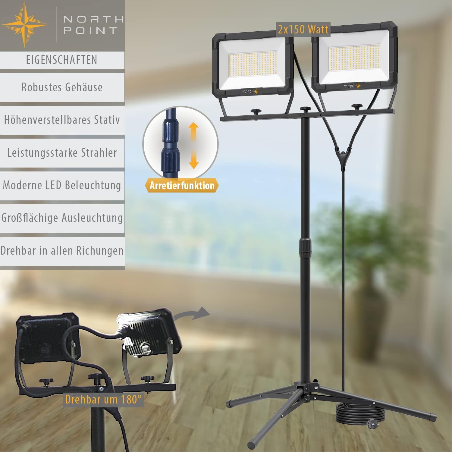 Northpoint LED Blackline Baustrahler Arbeitsstrahler mit Stativ Fluter Strahler 300W (2x 150W) Leistung 24000 Lumen Lichtstrom 170cm Stativ 5m Zuleitung AN/AUS Schalter