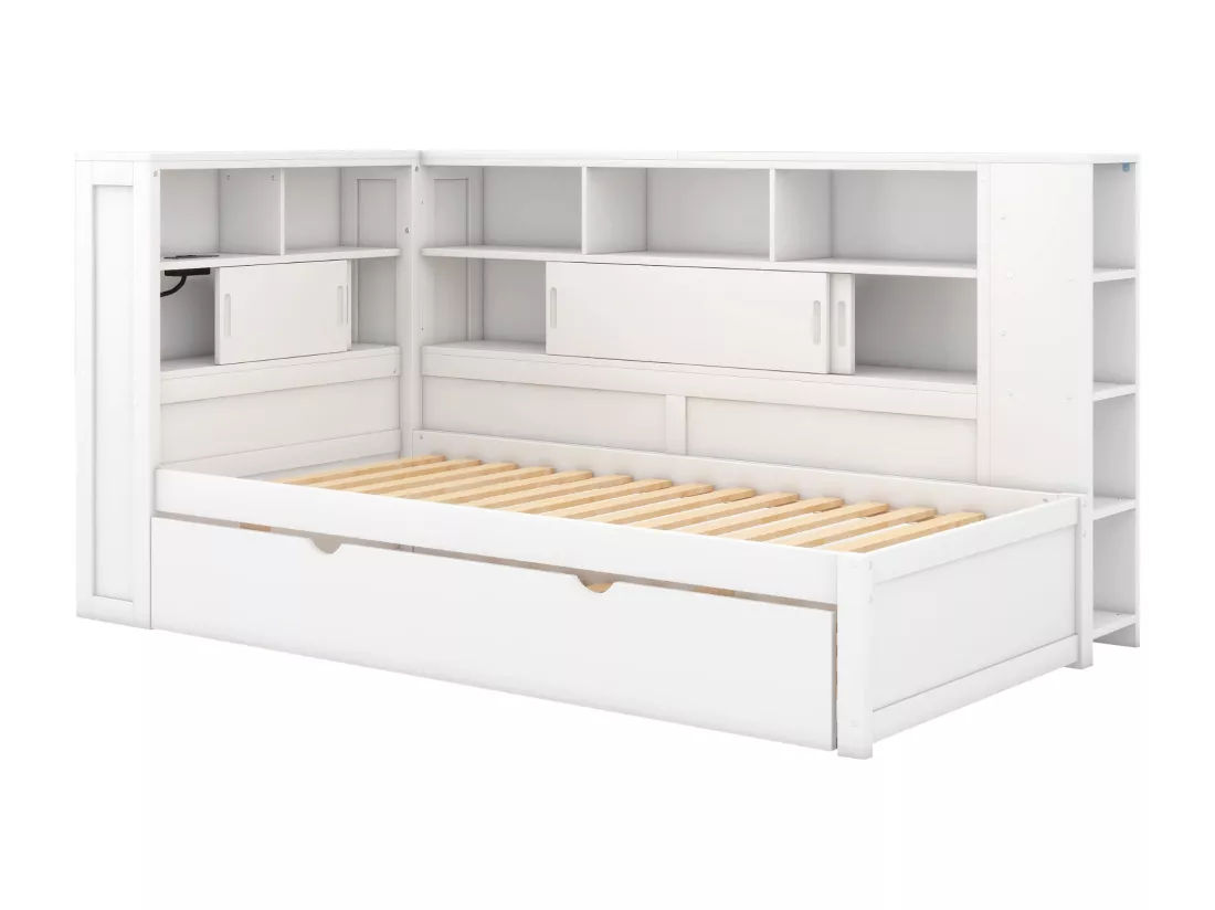 Lit gigogne 90 x 190/200 cm avec tête de lit - Placards de rangement et Prises USB - Panneaux de particules+MDF - Blanc (sans matelas)