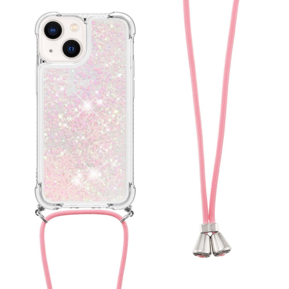 iPhone 15 Necklace Gummi Hülle Liquid Glitzer   Handykette (130cm) - Rosa