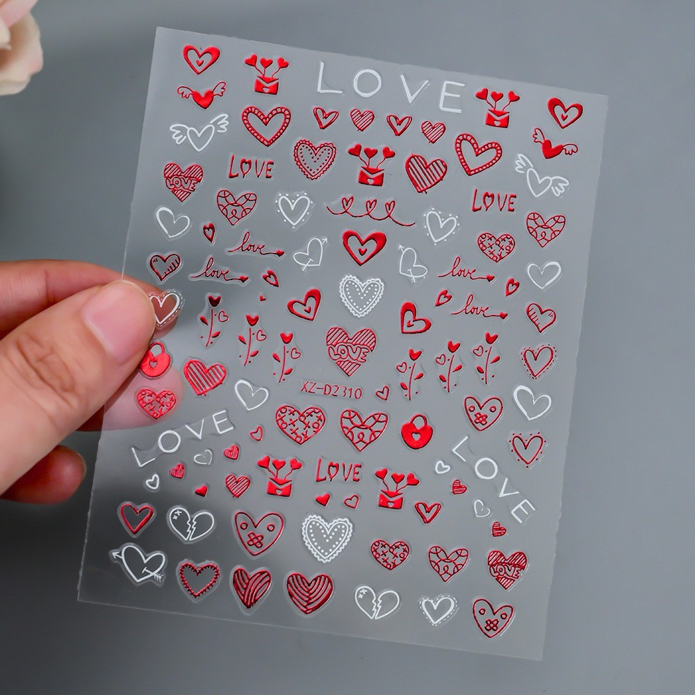 (808-tlg. Set) Nagel Sticker Nail Art Tattoo Selbstklebende Aufkleber Valentinstag - Rot / Weiss