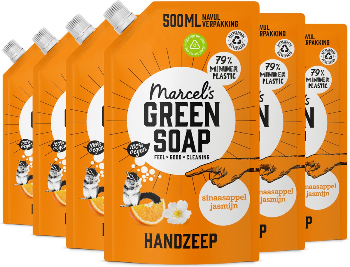 6x Marcel’s Green Soap Handzeep sinaasappel & jasmijn navul (500 ml)