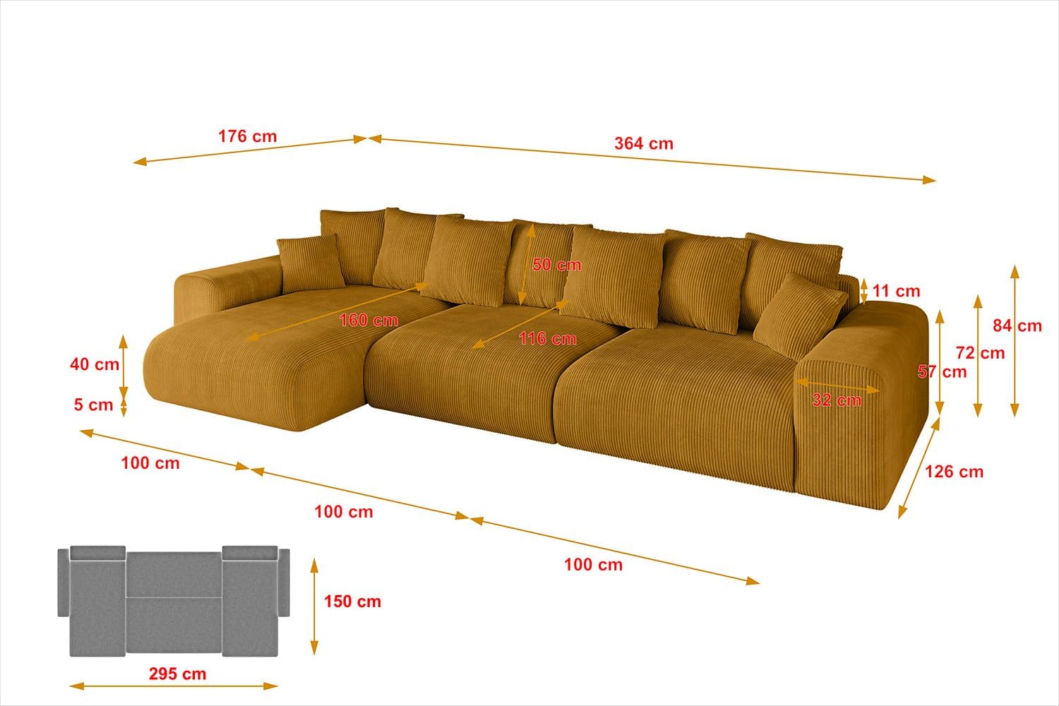 ALTDECOR Ecksofa mit Schlaffunktion und Bettkasten Corner Sofa Bett Eckcouch Couch L-Form Schlafcouch Ausziehbar Wohnlandschaft Schlafsofa Cauchsofa Eskar-L2-364x176x84 Senfgelb
