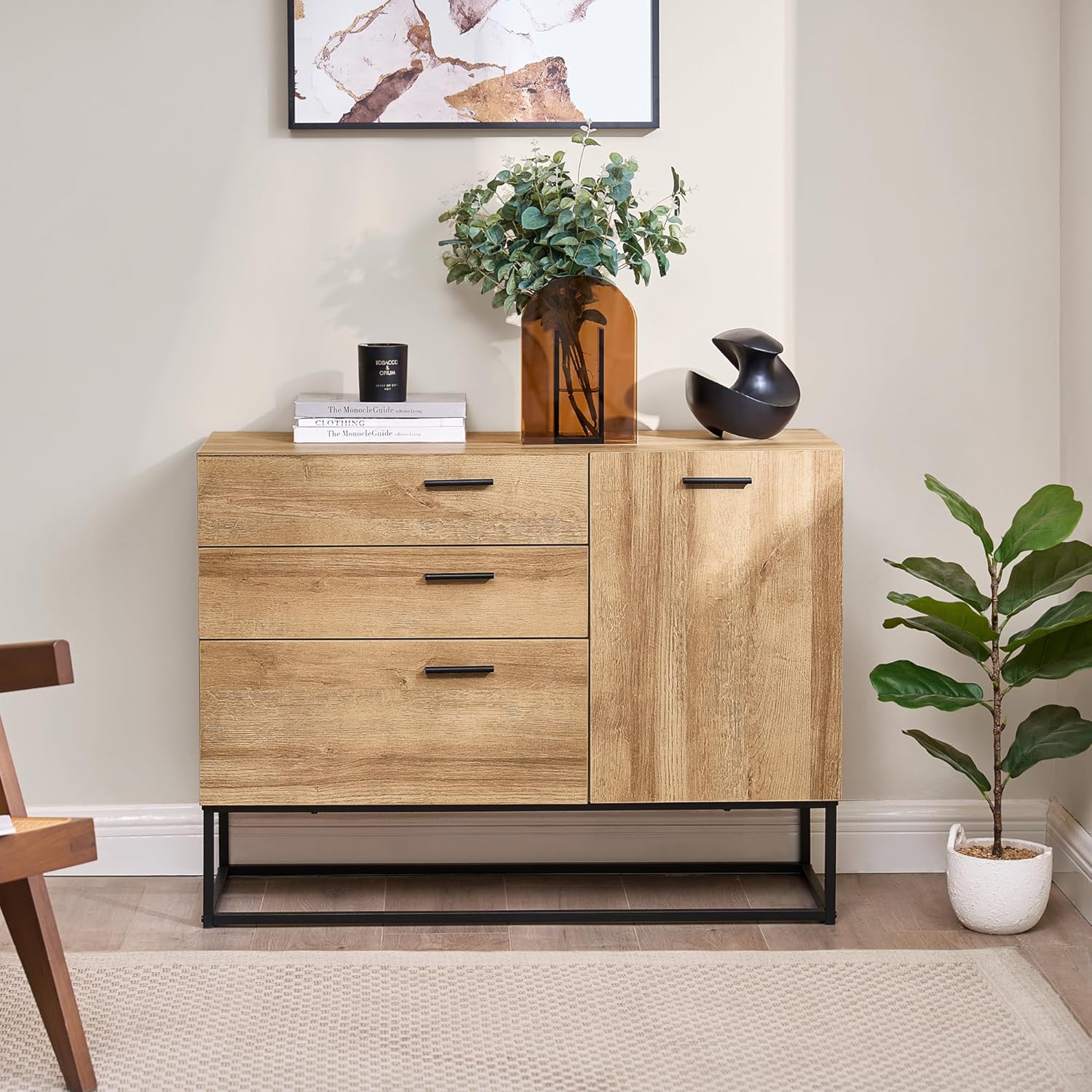 [en.casa] Sideboard Lavangen Wohnzimmerschrank mit 1 Tür und 3 Schubladen Kommode Buffetschrank mit Verstellbarer Ablage 75 x 100 x 35 cm Eicheoptik