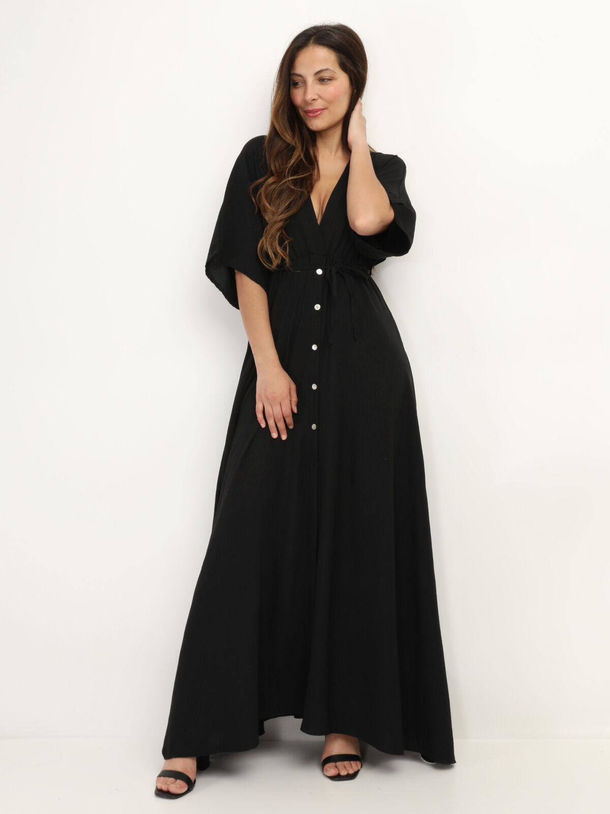 Robe longue boutonnée à fente- Noir
