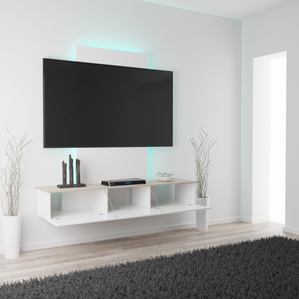 TroniTechnik® TV Board Lowboard Möbel Schrank Unterschrank Weiß Hochglanz VELAN, mit LED, gegen Kabelsalat, Melamin
