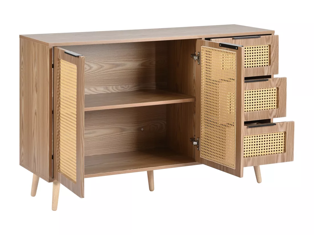 Buffet vintage effet bois en rotin à 2 portes et 3 tiroirs poignées noires CRITS NATURAL