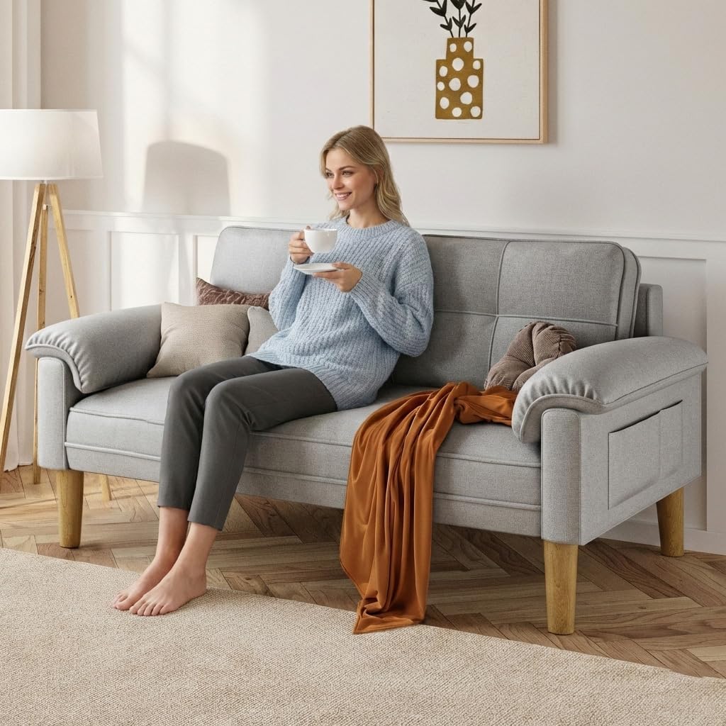Xbro Couch 2 Sitzer, Kleine Sofa 2 Sitzer mit Armlehne und Seitentasche, Modernes Stoffcouch für Wohnzimmer,Wohnung,Büro,Einfache Montage, 144 x 77 x 77 cm, Hellgrau