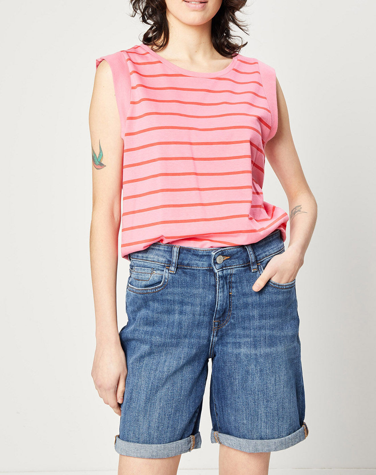 Esprit T-Shirt en Coton sans manches à rayures rose/rouge