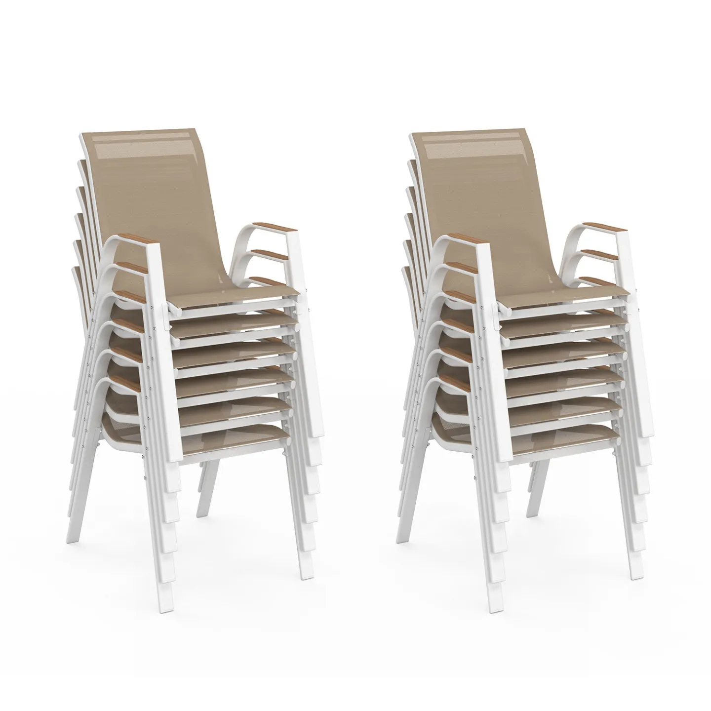 Salon de jardin NOUMEA extensible table 135/270 cm plateau effet bois et 12 chaises empilables blanc et bois