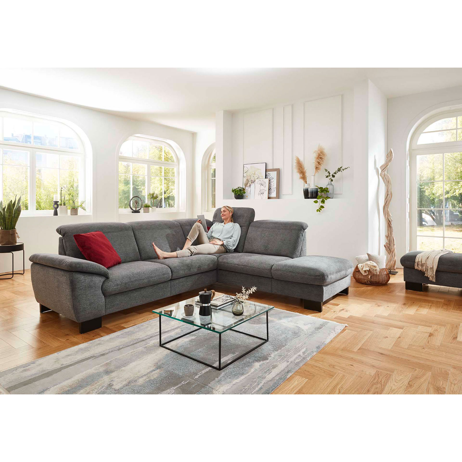 polsterpower Ecksofa - anthrazit - mit Funktionen - Anstellhocker rechts