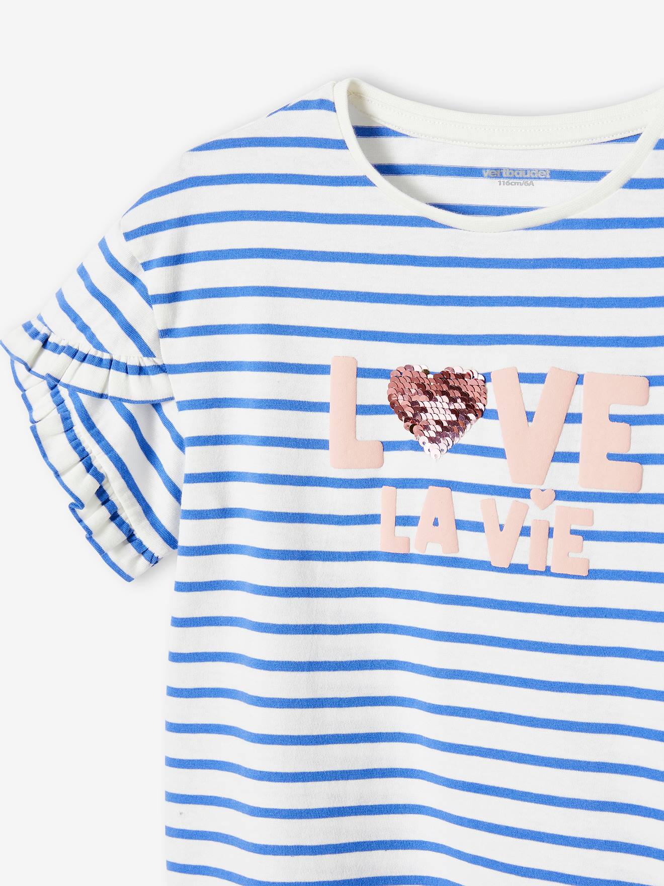 Camiseta listrada com coração e lantejoulas, para meninas, listras azuis.