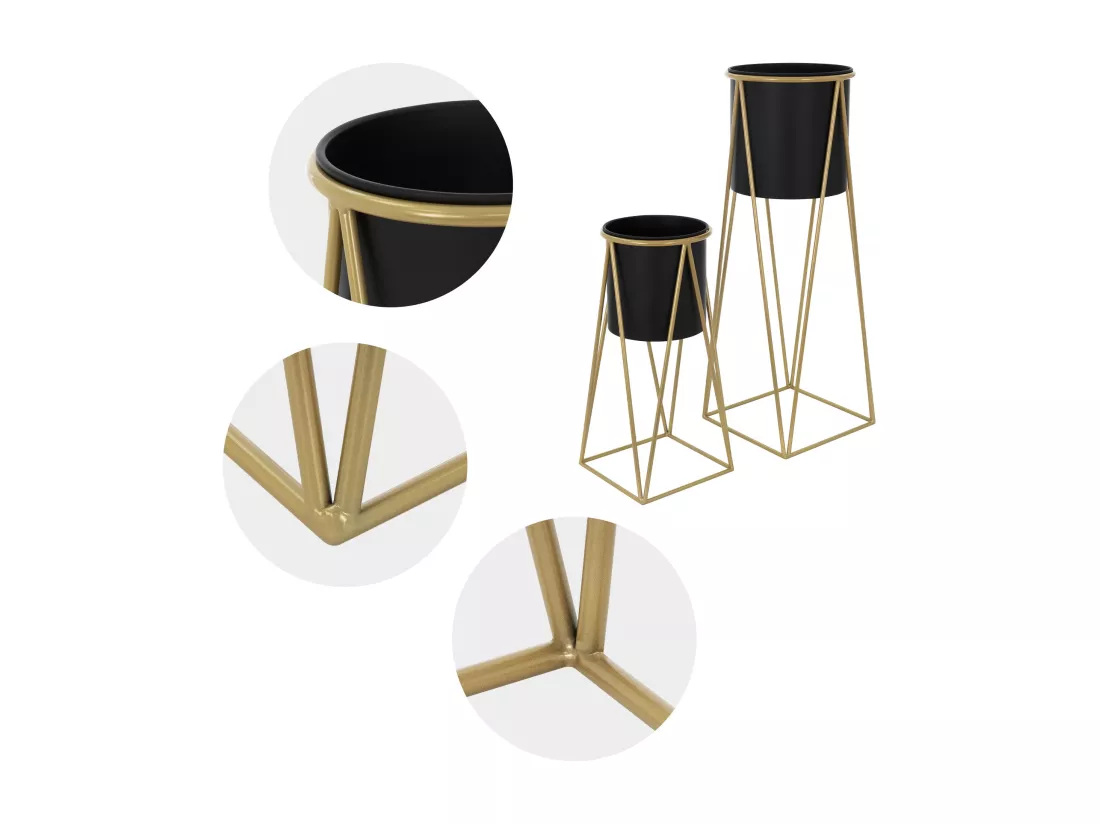 ML-Design Porte-fleurs set de 2, noir-or, 21,8x22x47cm/25x25x71cm, acier, support de pots de fleurs avec cache-pot, support de plantes en métal, support de pots de fleurs 2 pièces, pots de plantes Deko Colonne de fleurs Tabouret de fleurs