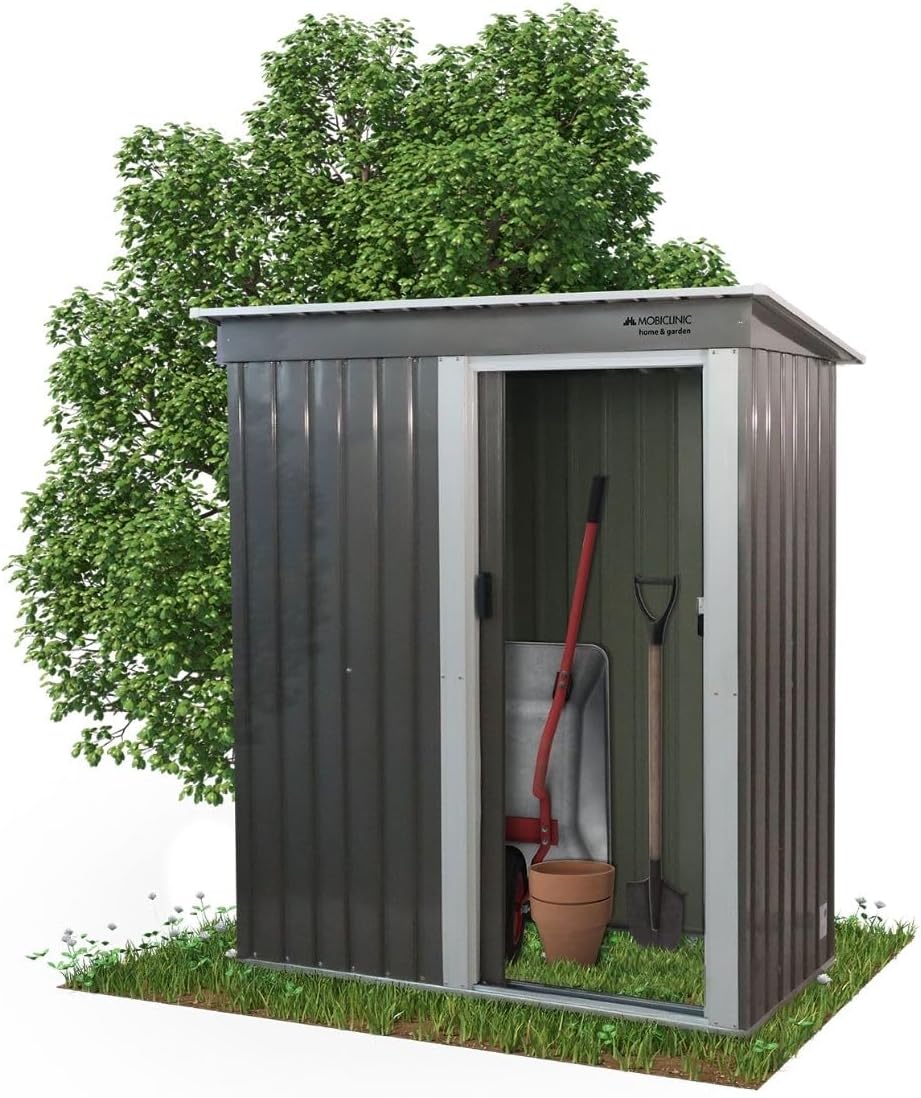 Mobiclinic®, Gerätehaus, Mit Schiebetür, 150 x 75 x 181 cm, Outdoor-Schrank, Abschließbar, Nomi, Schrägdach, 1.4 m², Sichere Aufbewahrung, Strapazierfähig, Grau