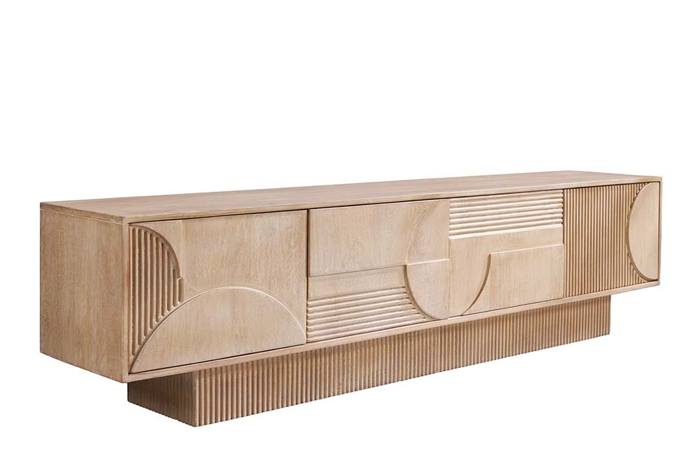 Massives TV-Board ART DECO 200cm weiß gekälkt Mangoholz 3D-Front handmade Lowboard