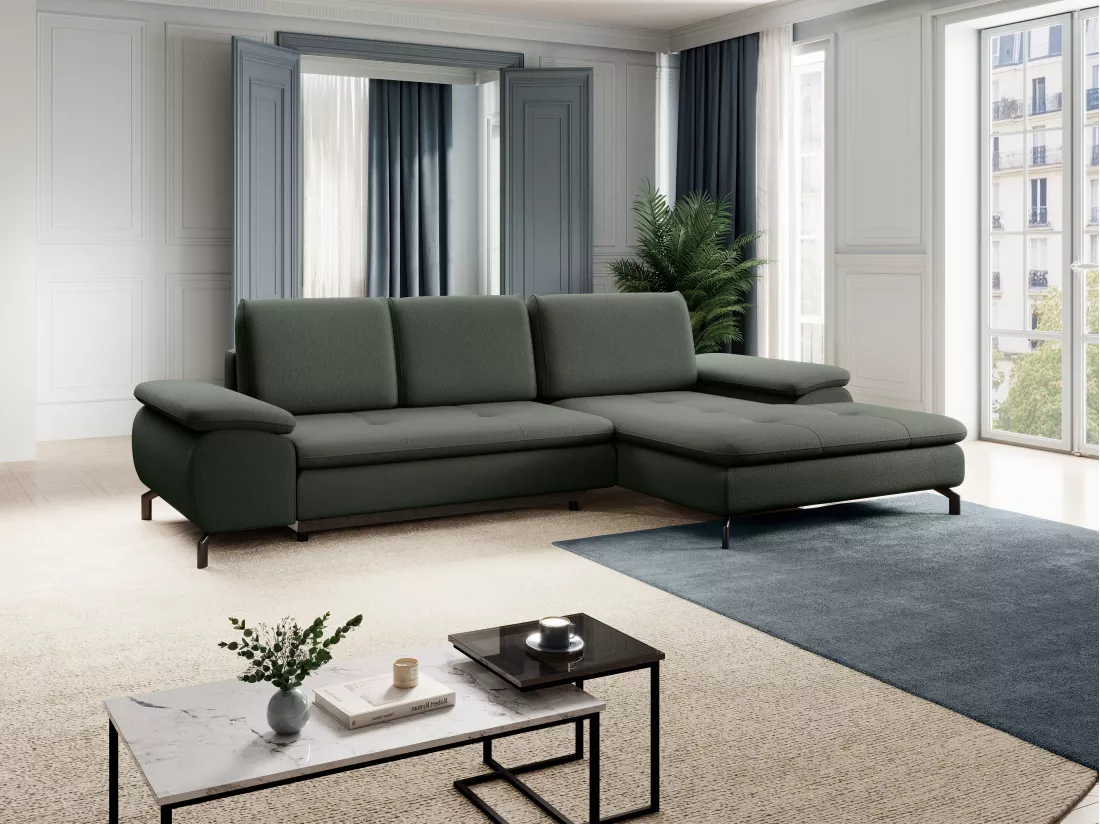 Canapé d'angle droit convertible en tissu texturé vert ARCHIBALD
