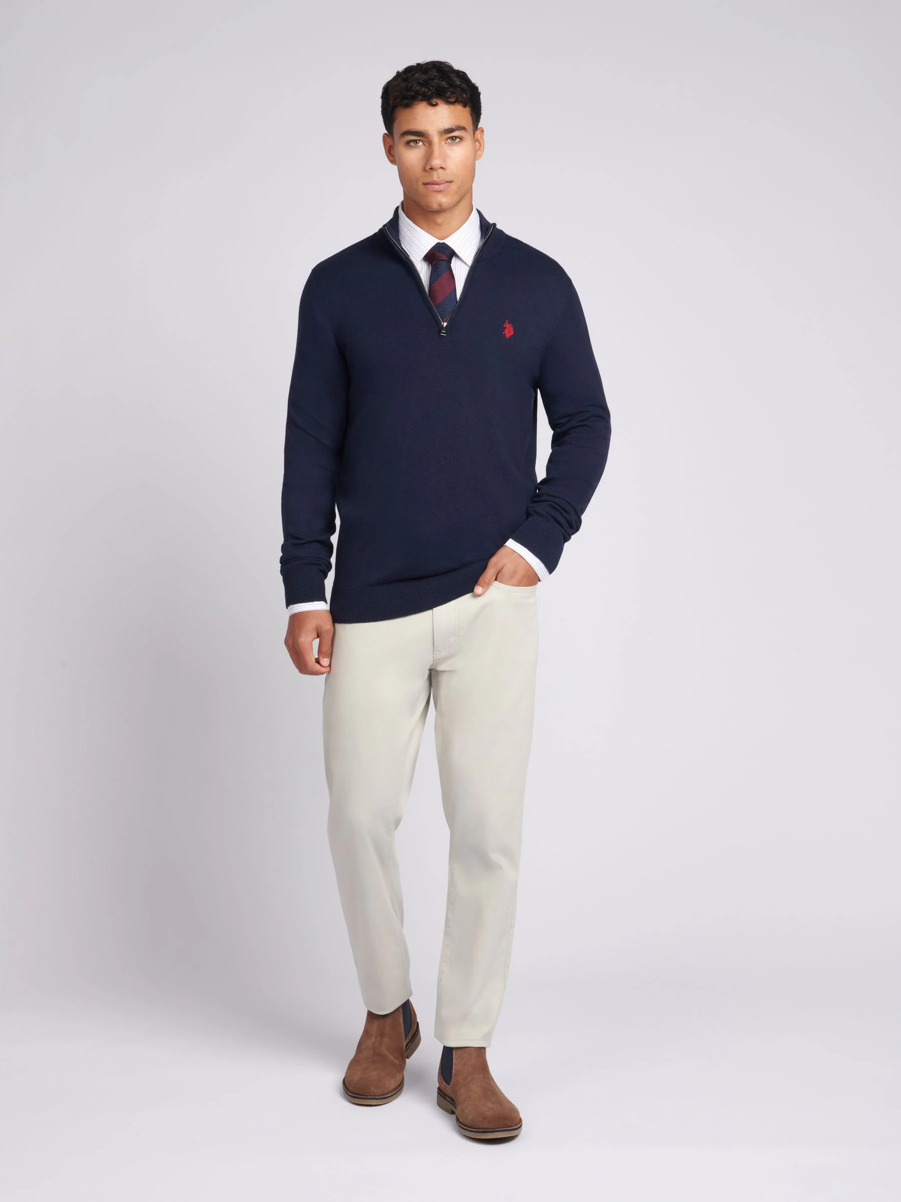 Marineblauw - U.S. Polo Assn. Katoenen Opstaande kraag 1/4 gebreid met rits