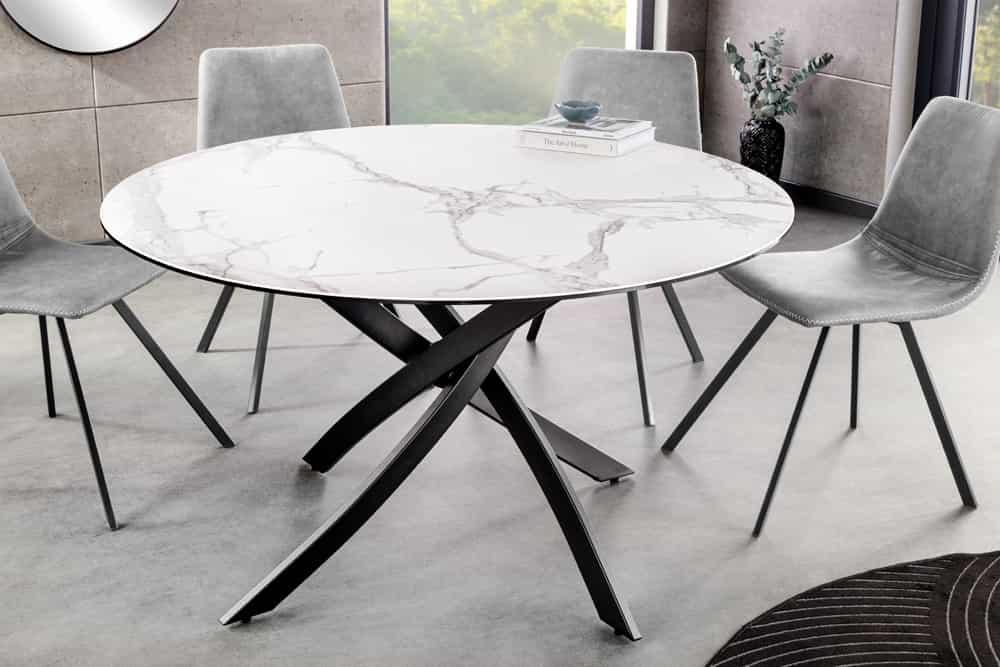 Runder Esstisch ALPINE 120cm weiß Marmor Keramik schwarzes Metallgestell