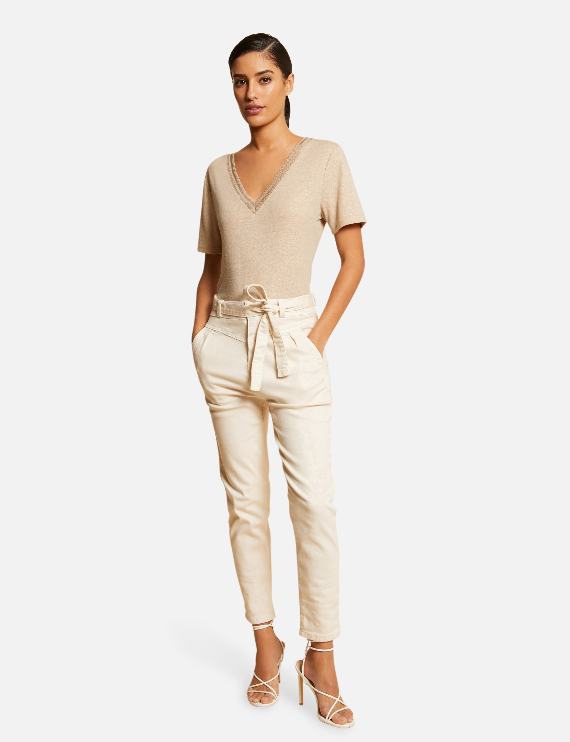 T-shirt manches courtes à col en V beige femme - beige
