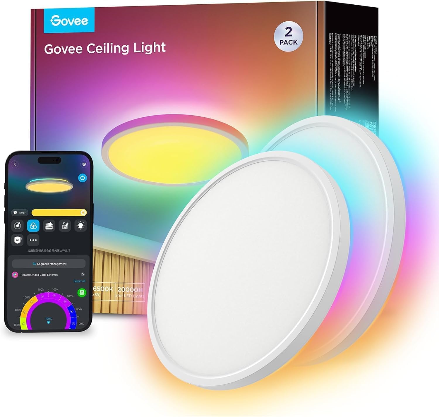 Govee Deckenleuchte RGBIC Smart, 24W Ø30cm Led Deckenleuchte dimmbar, Deckenlampe Led mit 16 Millionen DIY Farben, Kompatibel mit Alexa &  Assistant, für Schlafzimmer, 2 Stück
