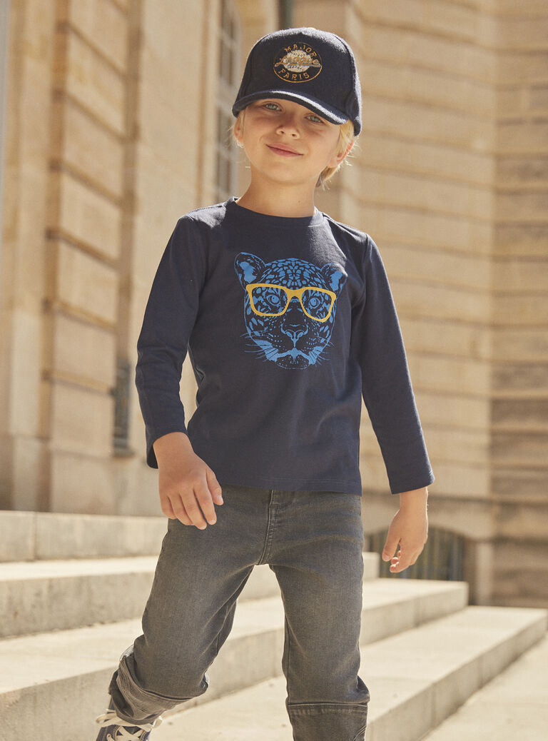 T-shirt bleu marine à motif tête de tigre