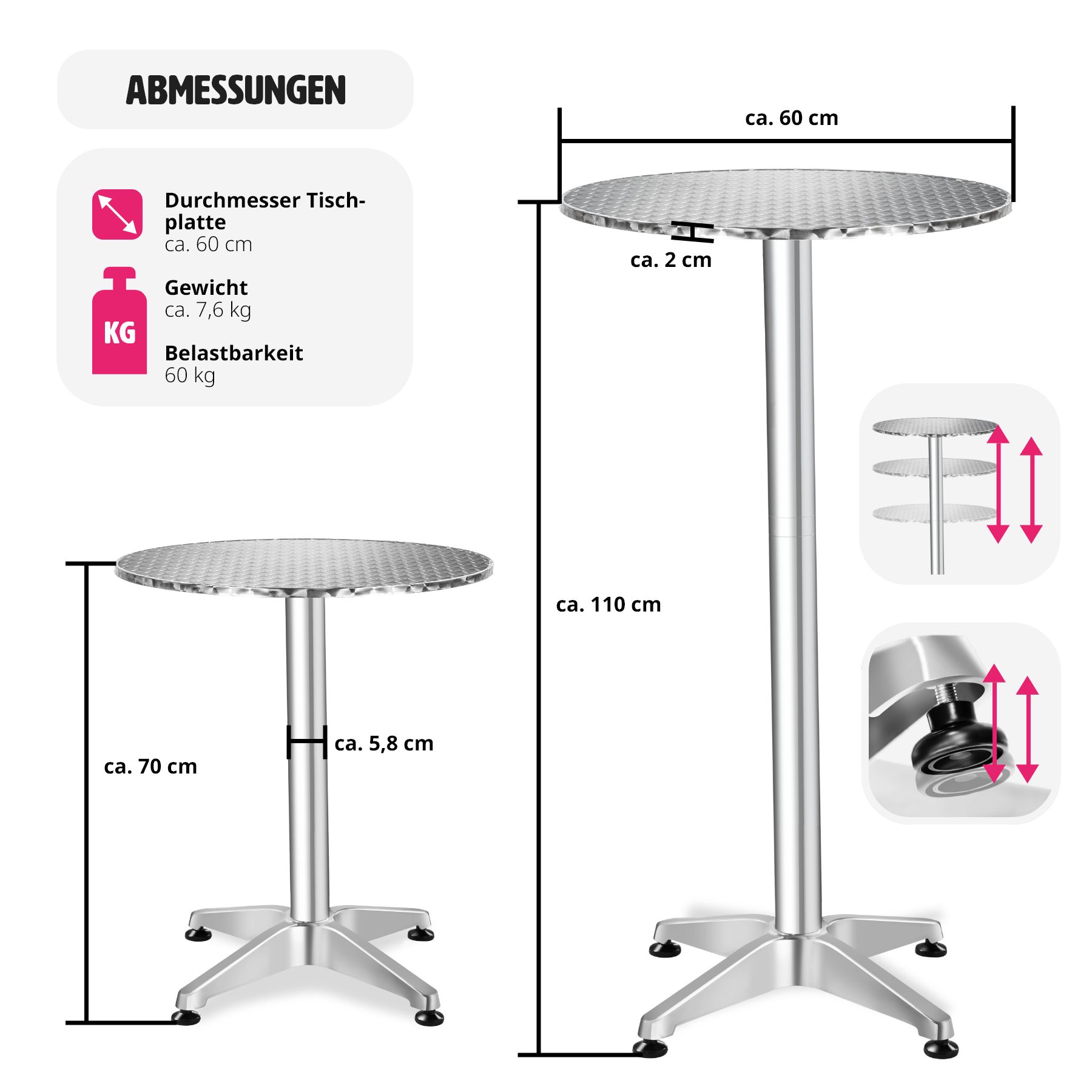 tectake® Stehtisch, aus Aluminium, rund, standfest und pflegeleicht, 60 x 70/110 cm