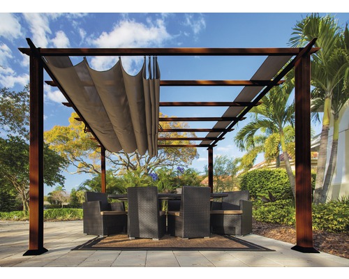 Aluminium pergola, Paragon Outdoor Florida 11x11 paviljoen met verstelbare zonwering 320 x 320 cm, Cacaohoutlook