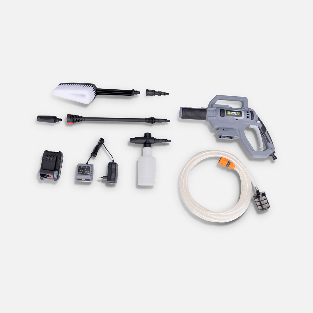Voltr – nettoyeur haute pression 25 bars à batterie 20v – kit complet d’accessoires brosse. Buse à jet variable. Réservoir