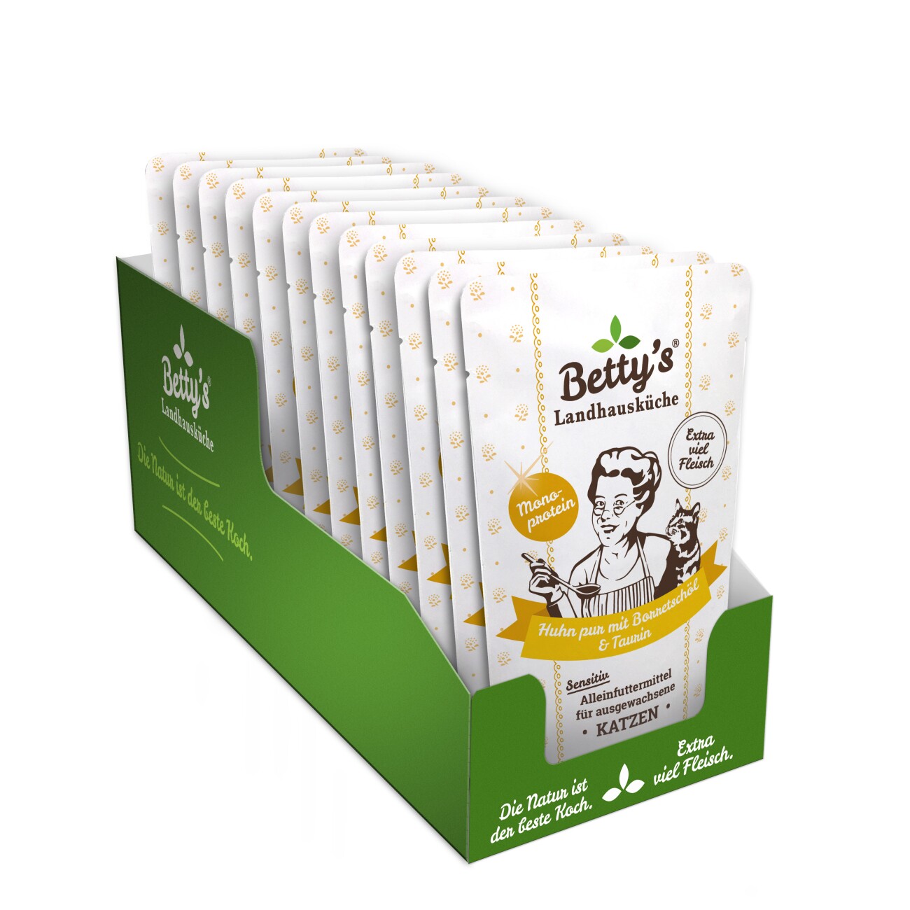 Betty's Landhausküche Frischebeutel Huhn Pur mit Borretschöl 12x 100g für Katze