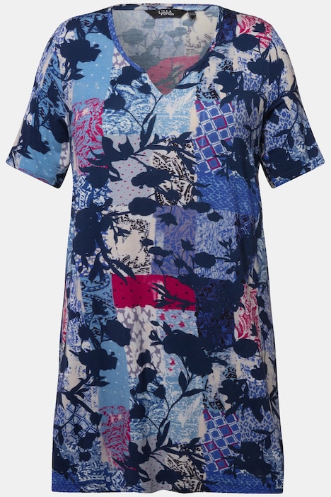 Longshirt, Zierfalten, A-Linie, V-Ausschnitt, Halbarm