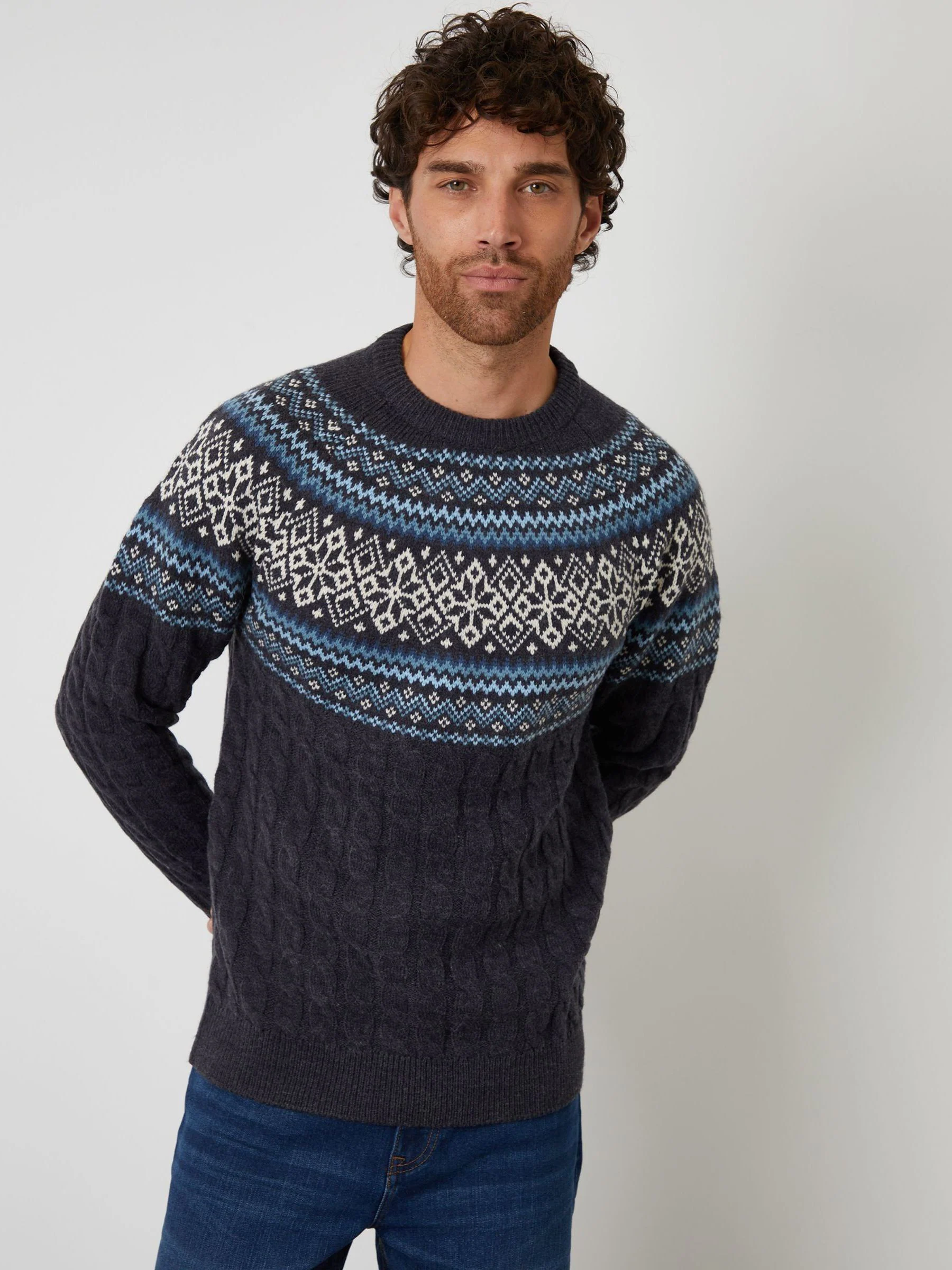 Marineblauw - Threadbare kabelgebreide kersttrui met ronde hals en fairisle-patroon