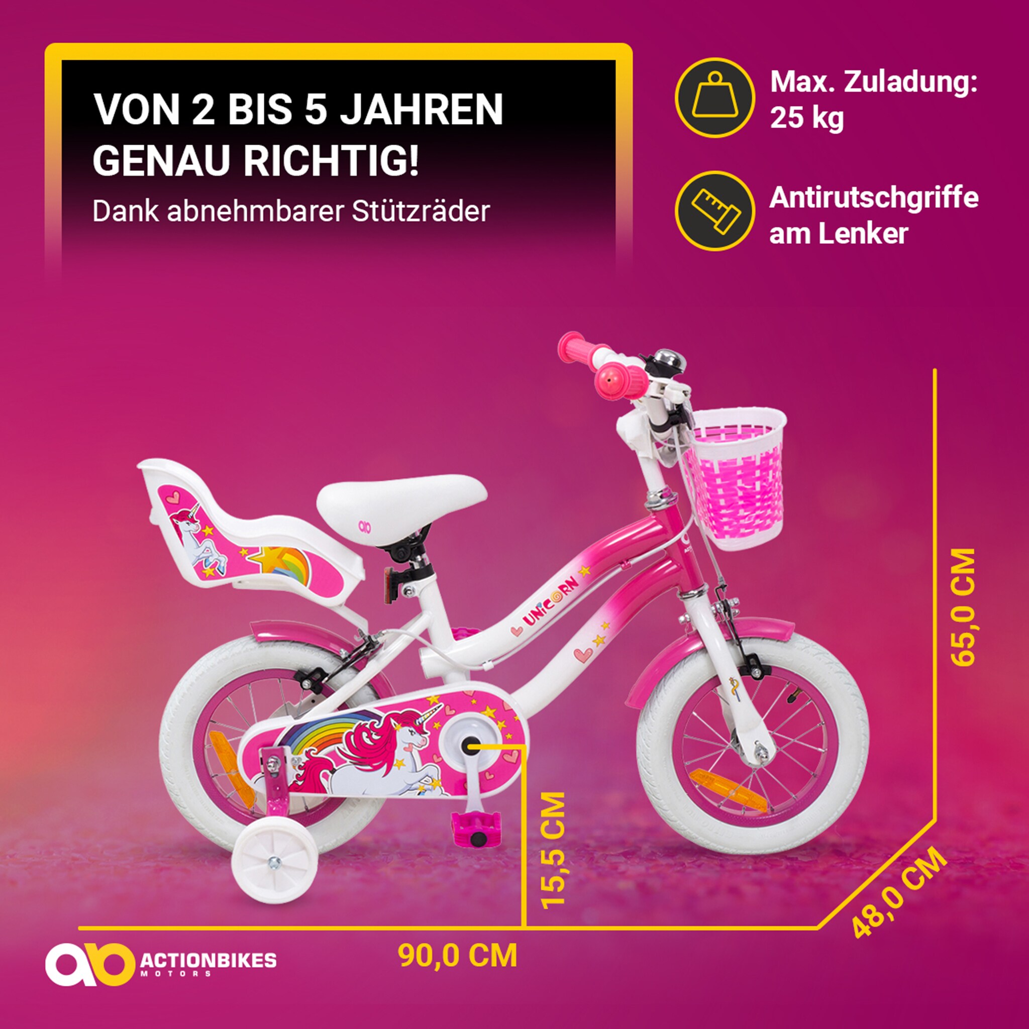 Actionbikes Kinderfahrrad Unicorn 12 Zoll, Pink, Einhorn-Design, Puppensitz, Stützräder, Fahrradkorb