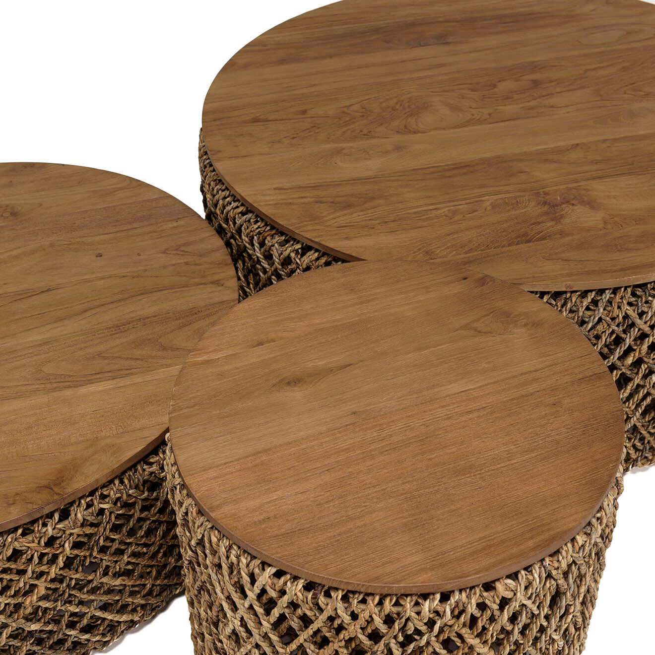 Macabane 3 Tables basses rondes en tissage de fibre de cocotier Sixtine bois