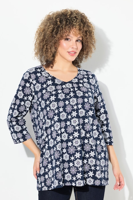 Shirt, Schneeflocken, A-Linie, V-Ausschnitt, 3/4-Arm
